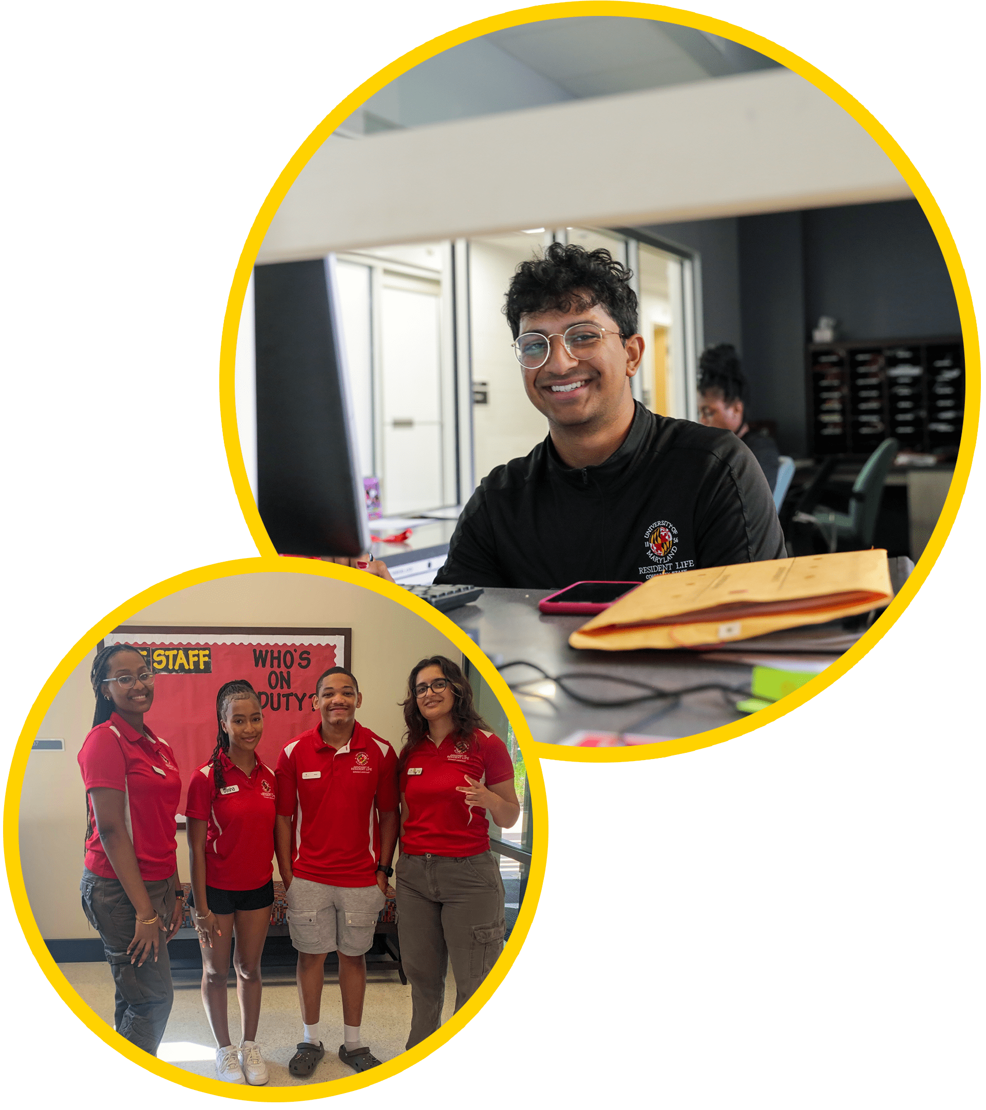 collage of community assistant sitting behind desk and group of four resident assistants