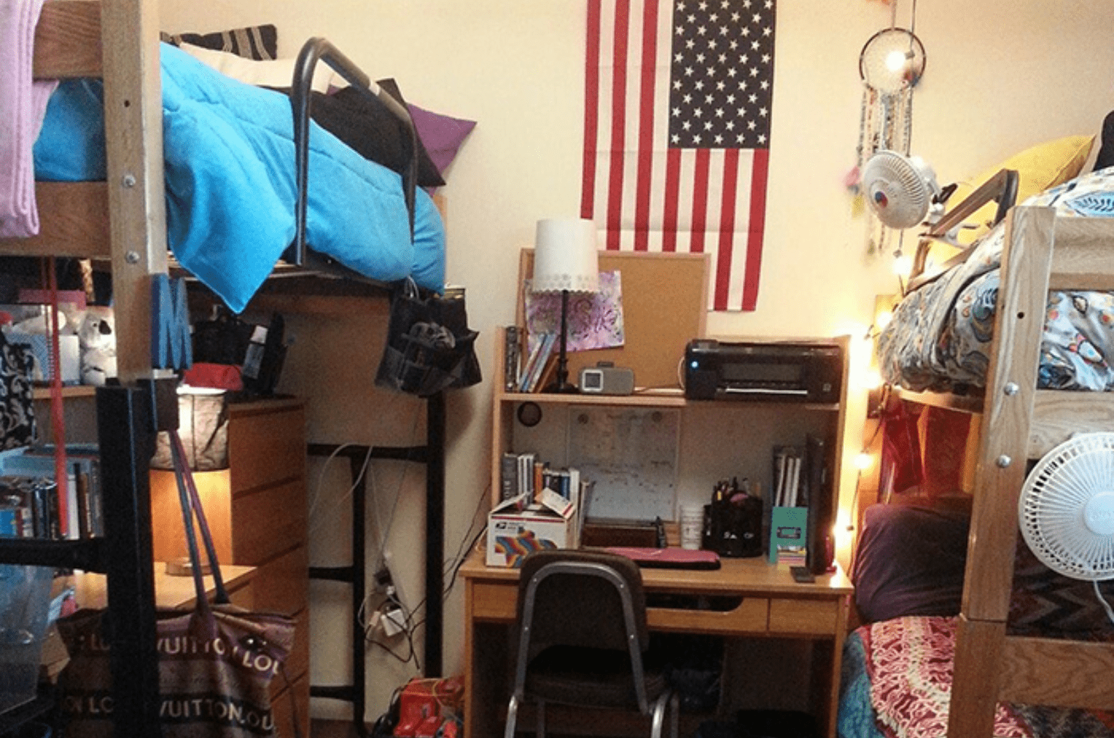 triple room with bunk beds and a single elevated bed with desk underneath