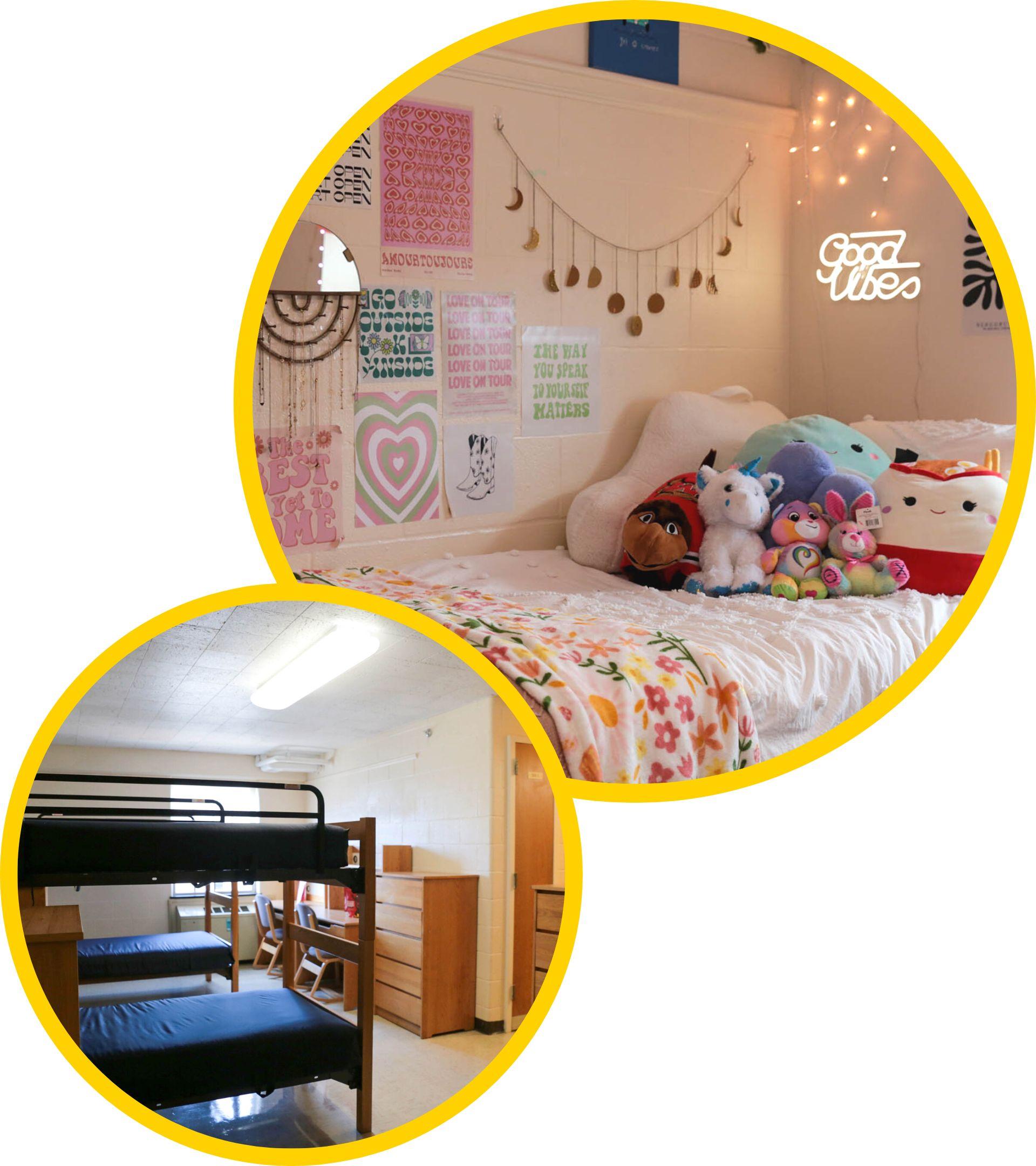 two residence hall rooms, one decorated and one undecorated