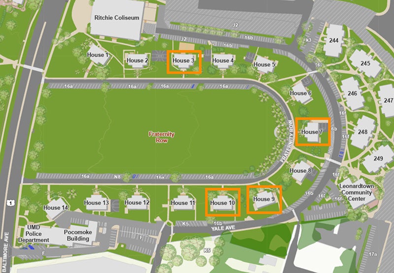 map view of fraternity row with chapter houses 3, 7, 9, and 10 highlighted