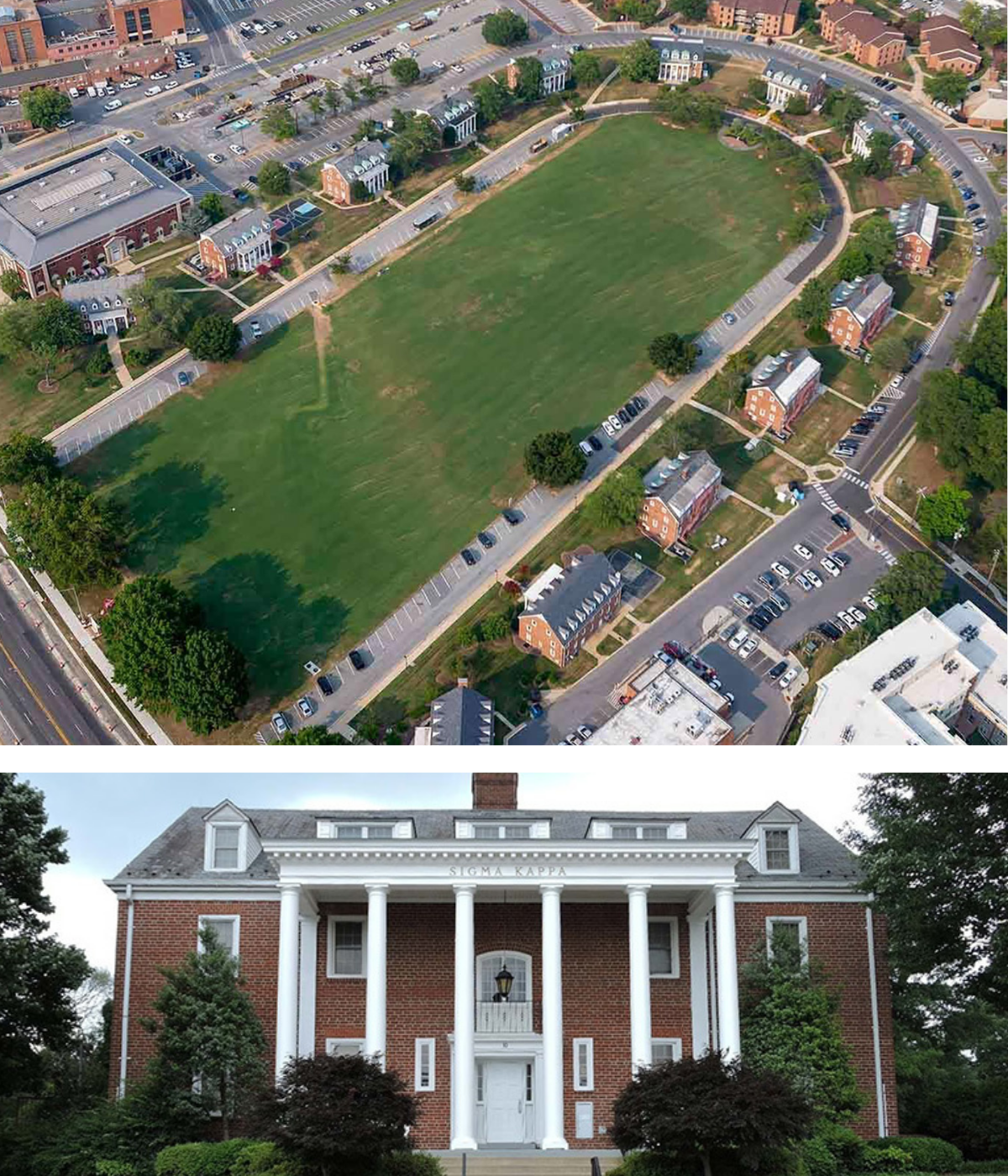 collage with top image showing aerial view of fraternity row and bottom image showing exterior of chapter house 10