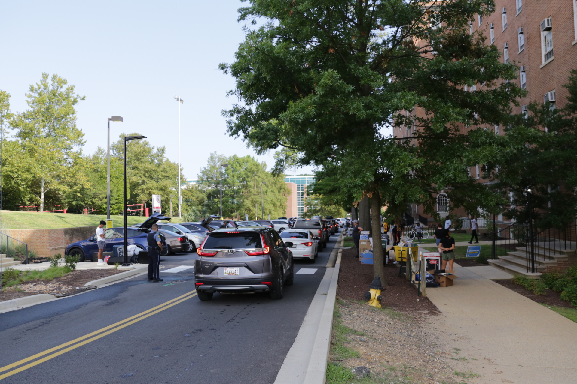 line of cars in the loading zone in front of a residence hall during moving day