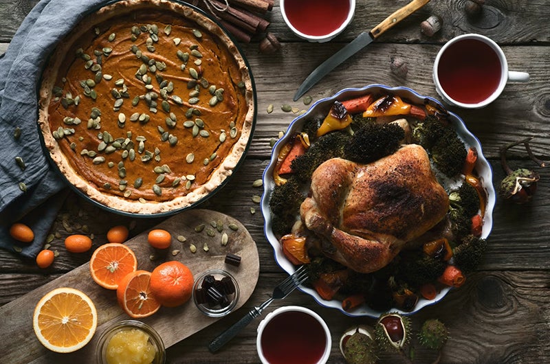 table with pumpkin pie and turkey for thanksgiving