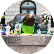 testudo statue in front of McKeldin Library with offerings during finals week