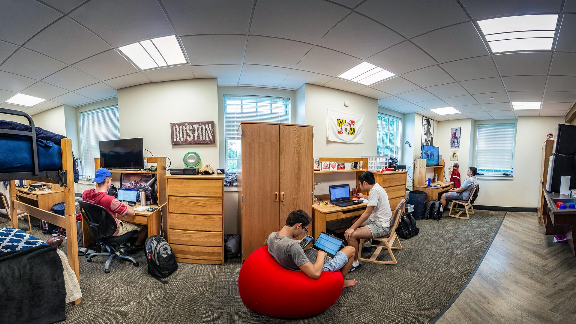 Panorama of students in a dorm room