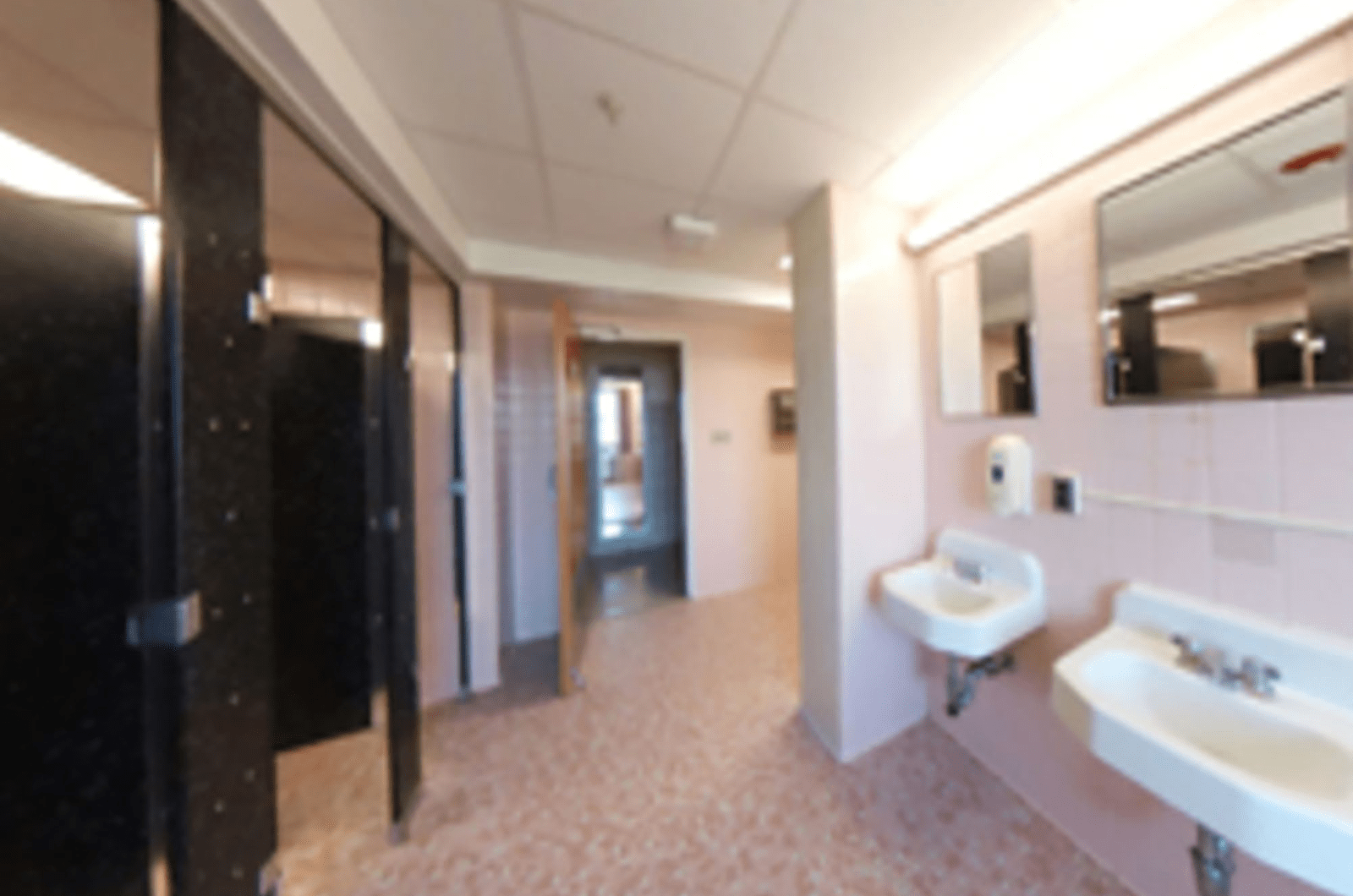 inside bathroom with multiple stalls and sinks visible