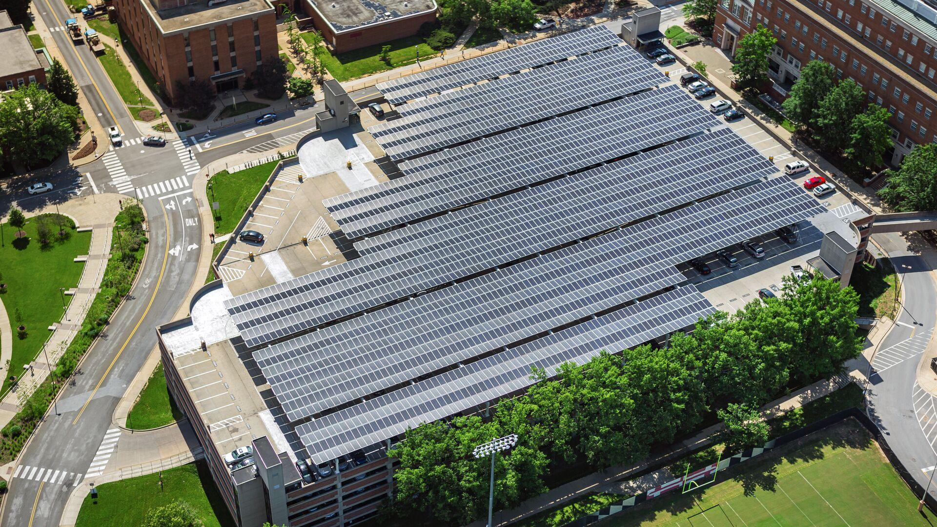 Aerial view of the solar canopy on top of Regents Drive Parking Garage