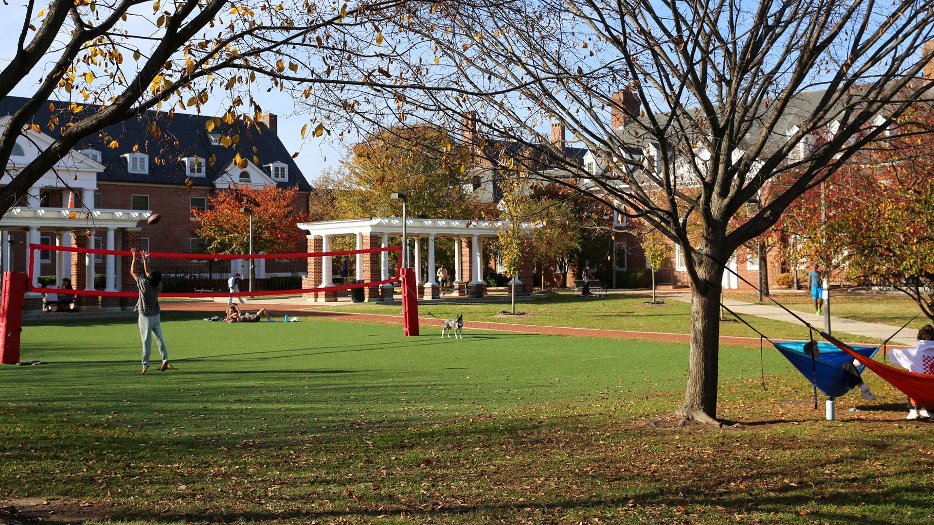 students on hammocks, playing with a football, and lounging on Washington quad 