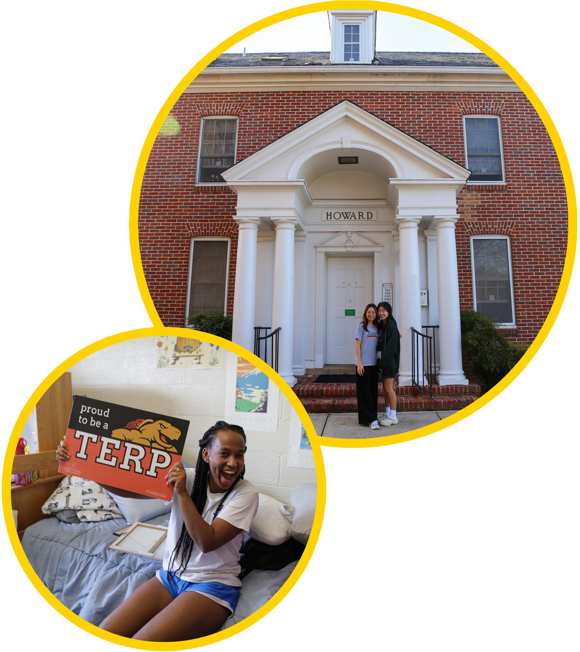 collage of students in front of Howard Hall and sitting on bed holding a proud terp sign