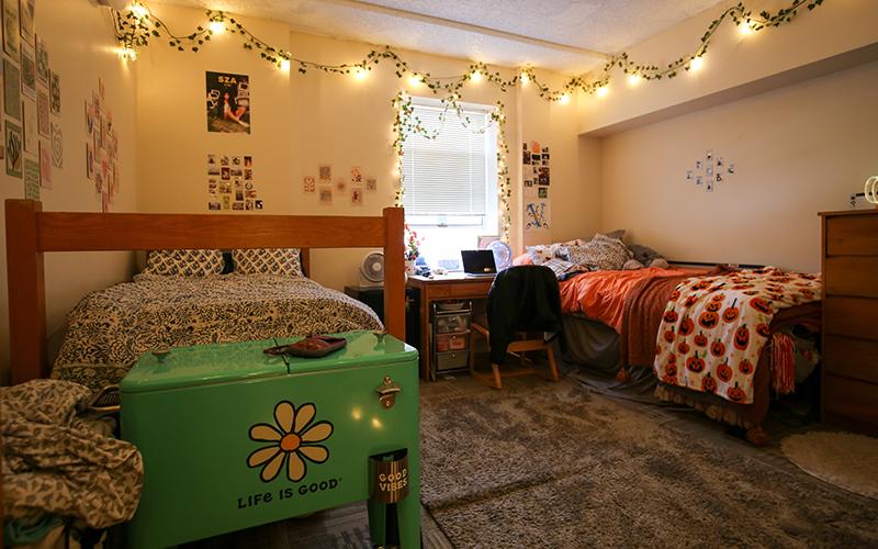 interior of decorated residence hall double room