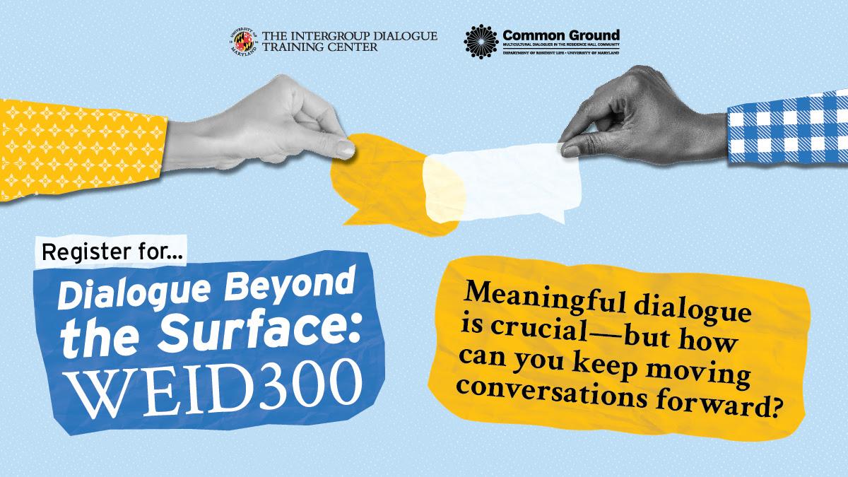 Two hands holding text bubbles in promotional material for WEID300 course