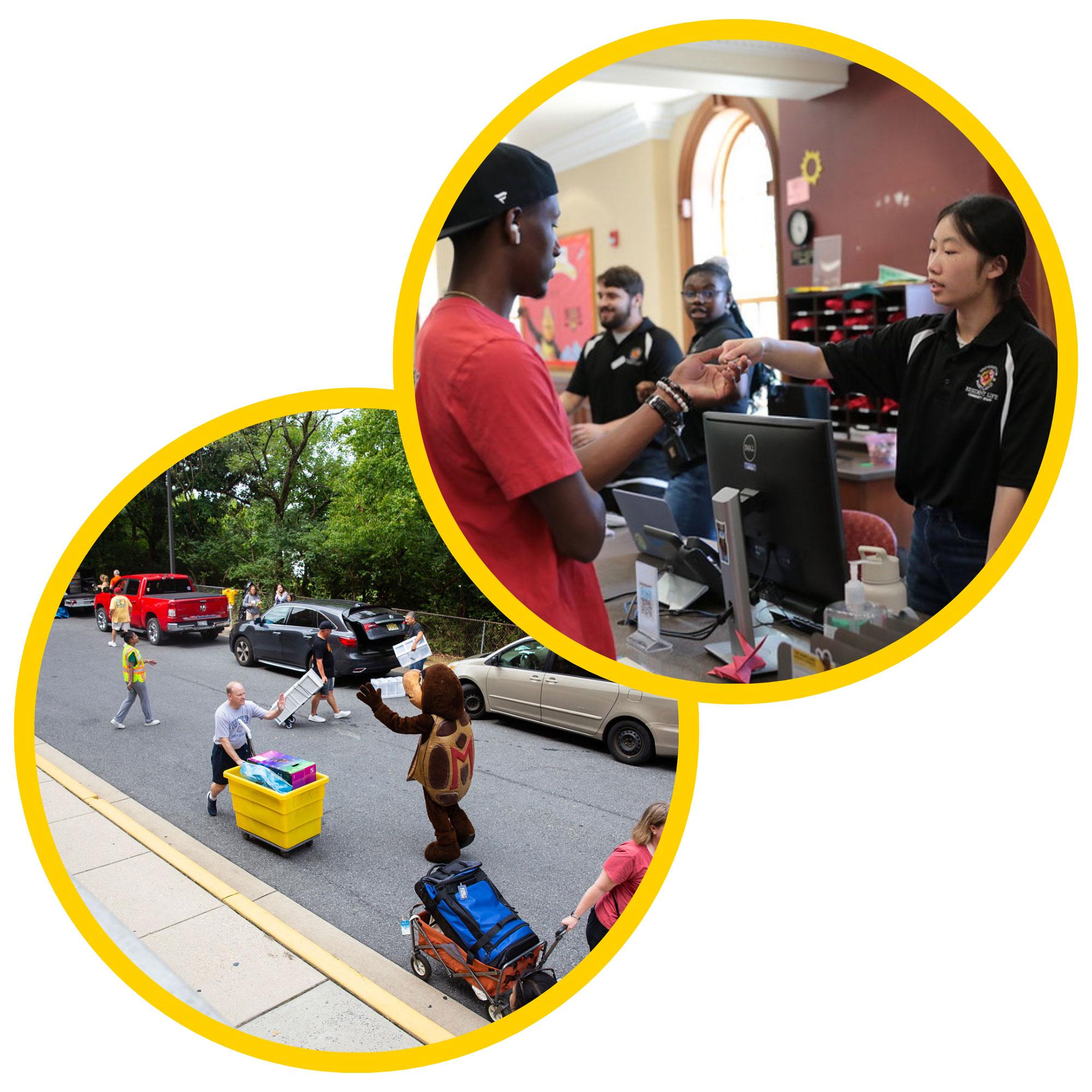 collage of unloading zone during move in and student at a service desk receiving room keys 