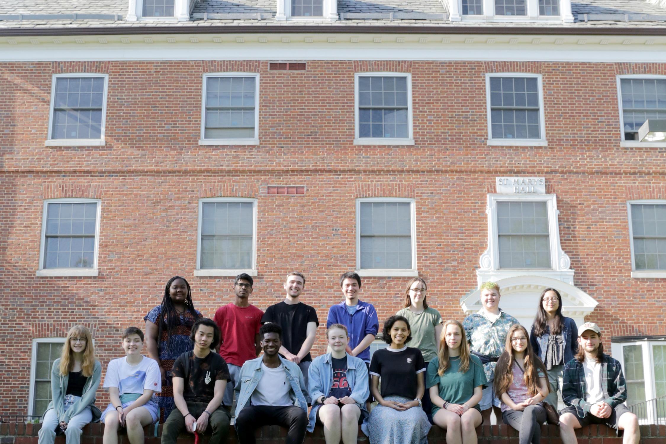 Students lined up in two rows outside St. Mary's Hall