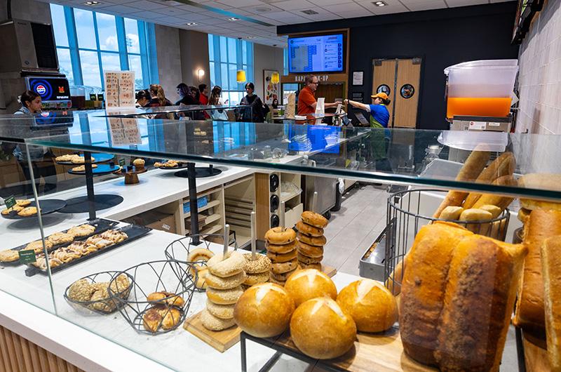 Assorted breads, bagels, and pastries on display at the Panera Bread in Stamp Student Union.