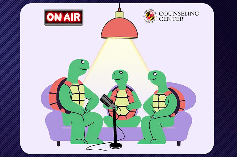 Illustration of three cartoon turtles sitting on couches and speaking into a microphone under a hanging light. An "On Air" sign is lit up.