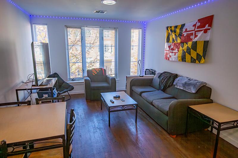Modern living room with a dark sofa, Maryland flag, coffee table, and blue LED string lights.