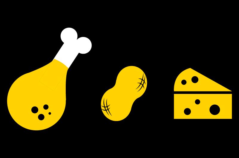 graphic of three protein rich foods: a turkey leg, peanut and cheese slice.