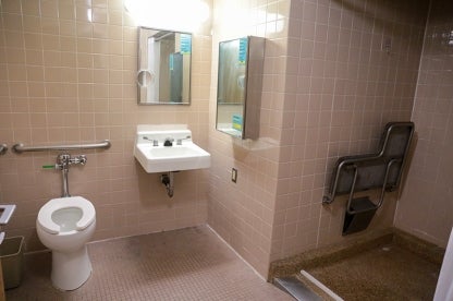 Accessible bathroom in a South Hill apartment with a clear door opening and wheelchair maneuverable shower.  